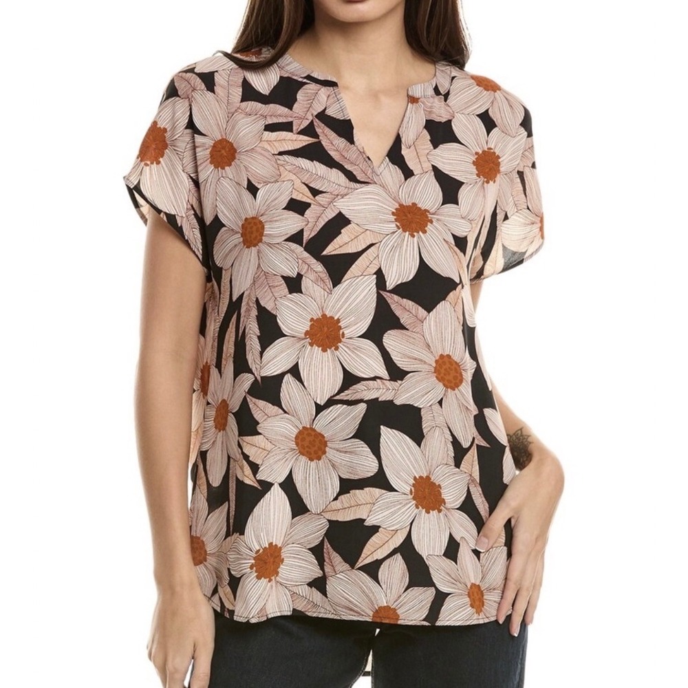 Cabi Meadow Floral Women Black Rust Split V-Neck Blouse Short Sleeve Small